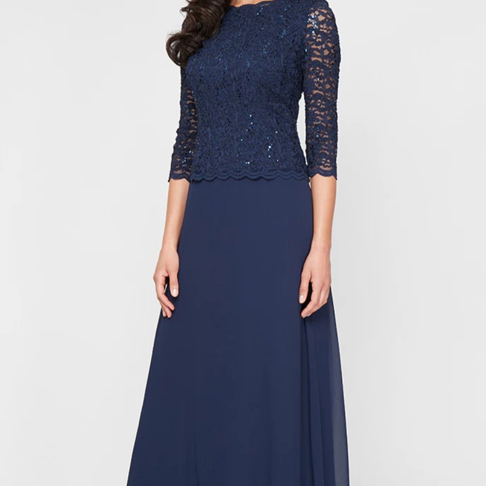 Elegant Navy Lace Evening Gown